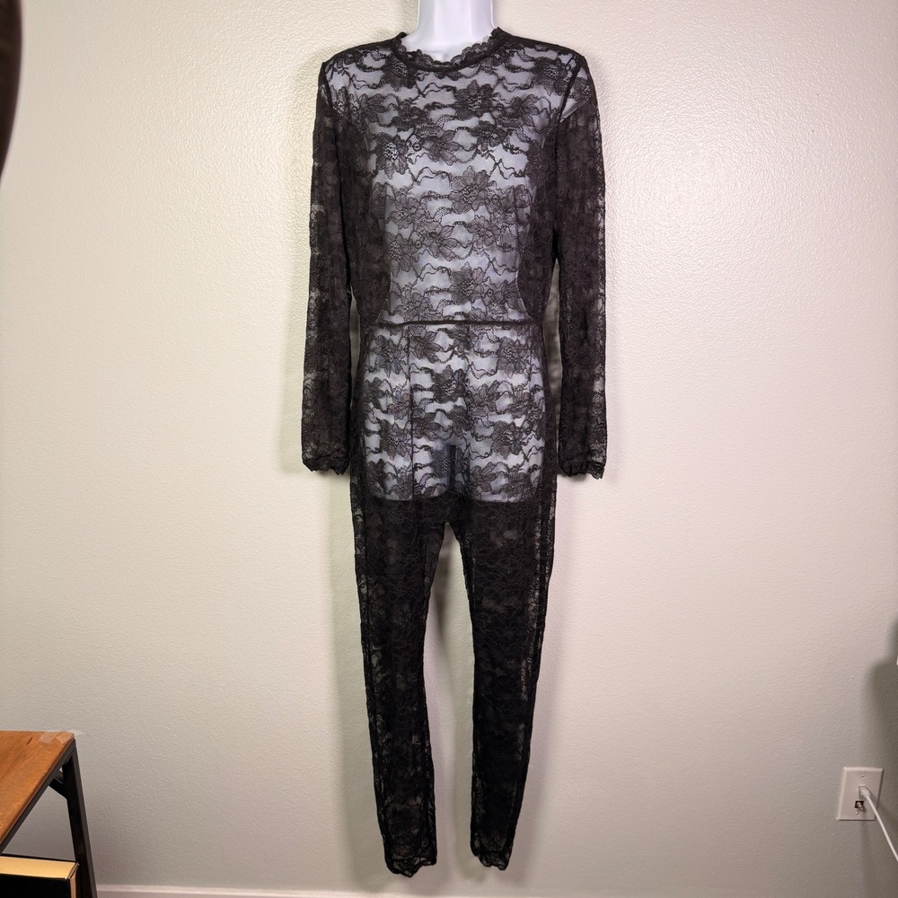 Victoria's Secret Black Sheer Lace Catsuit Jumpsuit Open Back Long Sleeve L